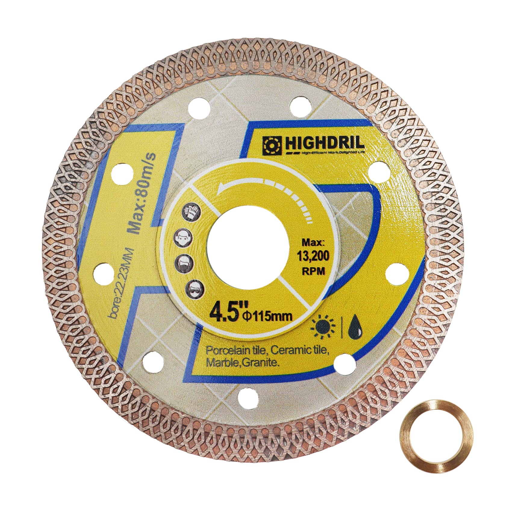 HIGHDRIL Diamond Saw Blade - 115MM/4-1/2 Inch Diamond Tile Blade Disc Cutting Porcelain Tile Ceramic Granite Marble Dry or Wet Use Circular Saw Blade with Turbo X Mesh