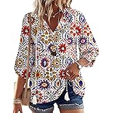Rapbin Women Summer Boho Tops 3/4 Sleeve Pleated Blouses Casual V Neck Tie Front Spring Tunic Tops
