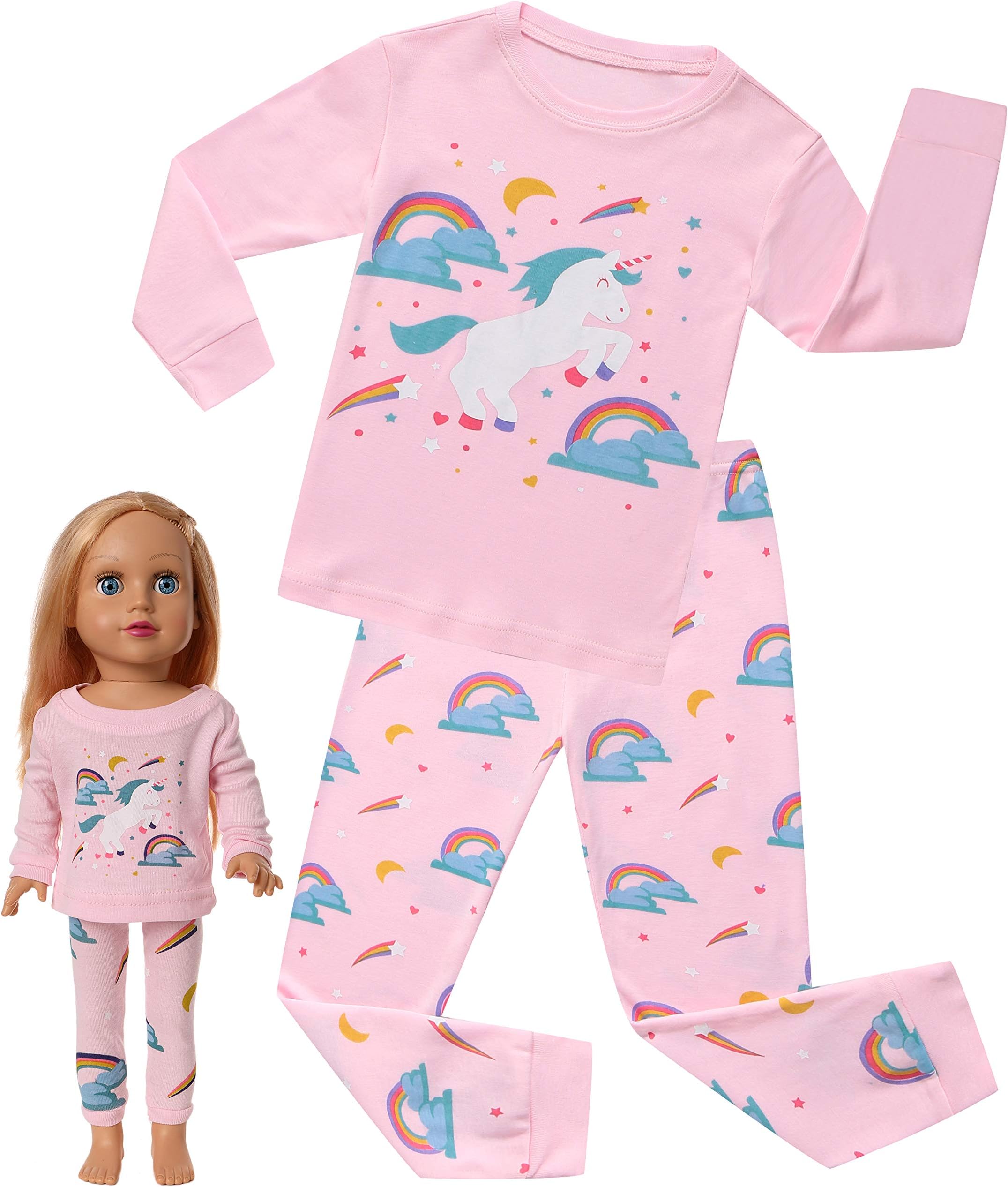 Unicorn Pajamas Sleepwear Clothes Matching Doll & Girls Pajamas 100% Cotton PJS for Boys Toddlers Children Kids