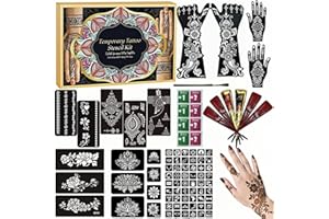 MANYAN HAIYAN Temporary Tattoos Kit - Large 12 Sheets Temporary Tattoo Stencil Kit - 78 Unique Tattoo Designs - 6 Pcs (Brown/Black/Maroon) Ink with Paint Brush for DIY Body Art - Tattoos for Women Men Kids