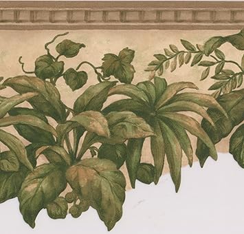 Green Plants Under Ceiling Beige Floral Wallpaper Border Retro