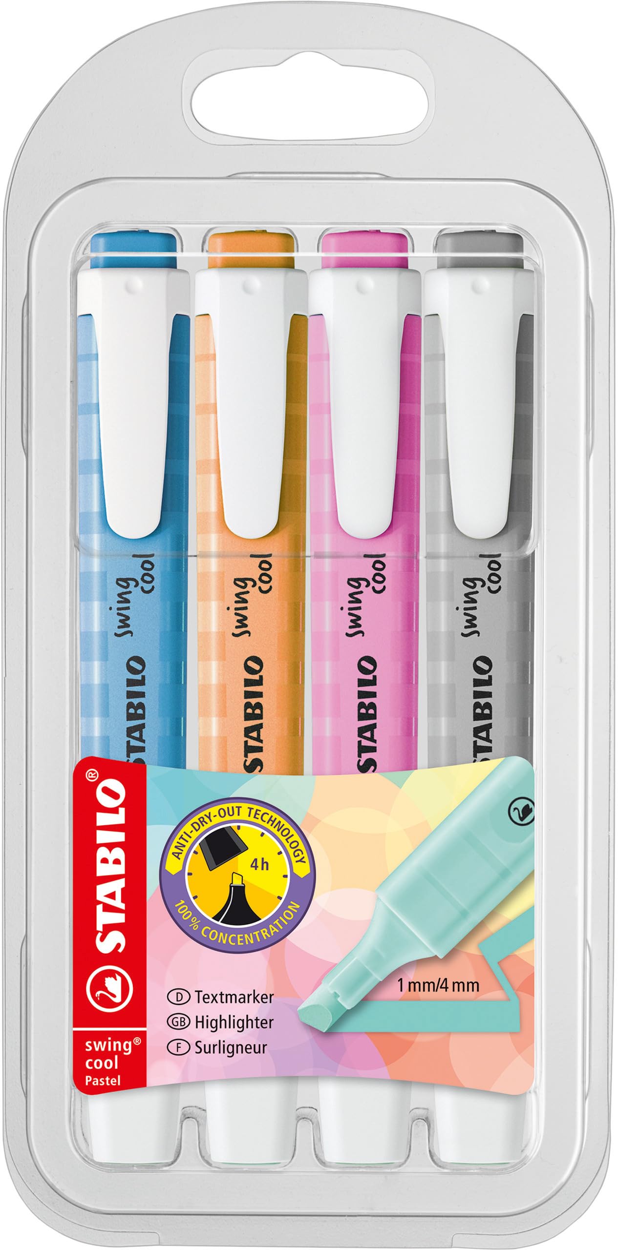 STABILO swing cool Pastel - Highlighter - Pack of 4 - Dusty Grey, Frozen Fuchsia, Breezy Blue, Pale Orange