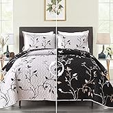 DJY Floral Quilt Set King Size 3 Piece Botanical Leaves White and Black Quilt Bedspread Reversible Coverlet Set, Elegant Lightweight Floral Bedding Set with Pillowcases for All Season