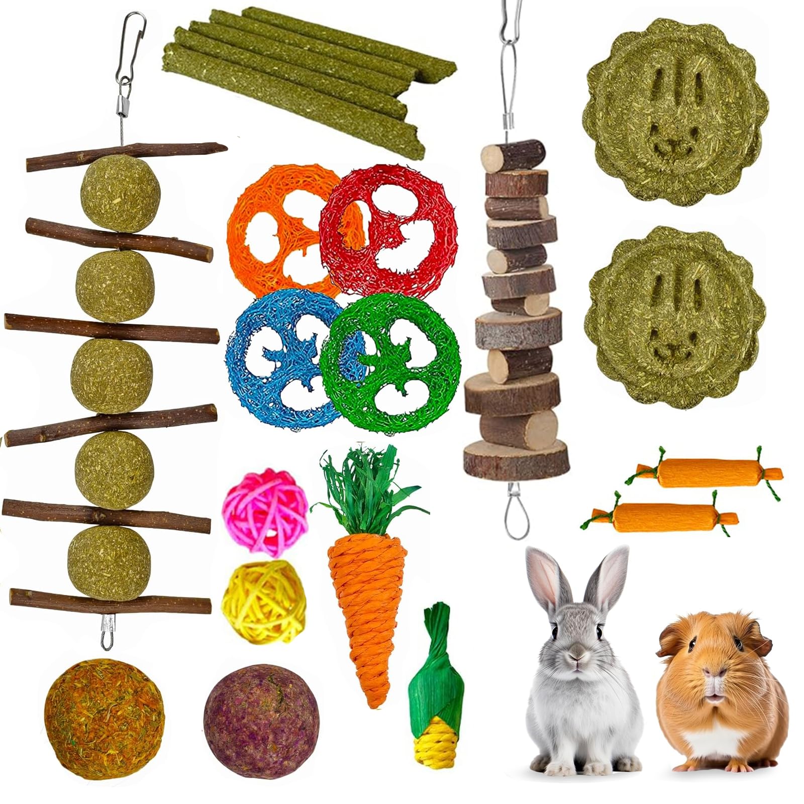 lisetar 21-Pack Rabbit Toys Set, Natural Chew Toys for Bunny, Hamster, Guinea Pig and Chinchilla, Apple Wood Timothy Hay Sticks Treating for Small Animals Teething