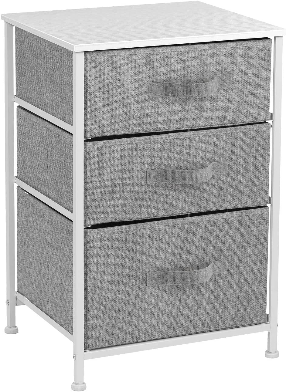 Sorbus Nightstand with 3 Drawers - Bedside Furniture & Accent End Table Chest for Home, Bedroom Accessories, Office, College Dorm, Steel Frame, Wood Top, Easy Pull Fabric Bins (White/Gray): Kitchen & Dining