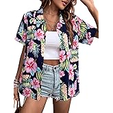 MYHALF Women Hawaiian Shirt Soft Cool Summer Hawaii Shirts Floral Tropic Print V Neck T-Shirt Short Sleeve Button Up Tops