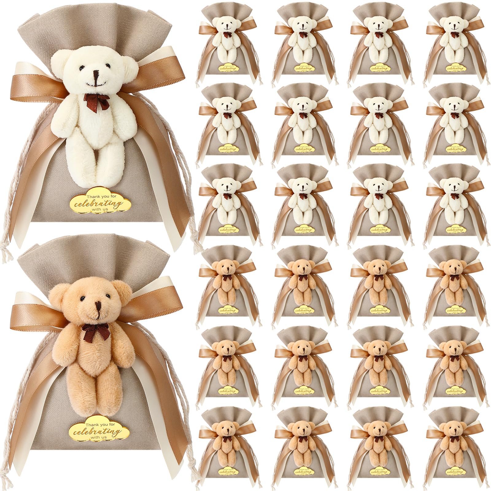 Photo 1 of Shinylin 24 Pcs Gift Bags for Baby Shower 5.3 x 7.1 Inch Cute Plush Bear Party Favor Linen Drawstring Bag for Guest Bulk with Bear and Thank You Acrylic Sign Baby Shower Party Supplies(Brown)