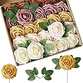Lansdowns Artificial Flower Foam Rose 25pcs Real Looking Fake Rose with Stems Leaves for Home Decoration Party Garden Centerpieces DIY Wedding Bouquets(Shades of Burnt Orange Rose)