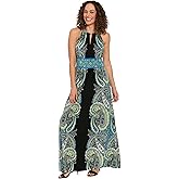 London Times Womens Spaghetti Halter Maxi with Keyhole Neck and Border Waistband