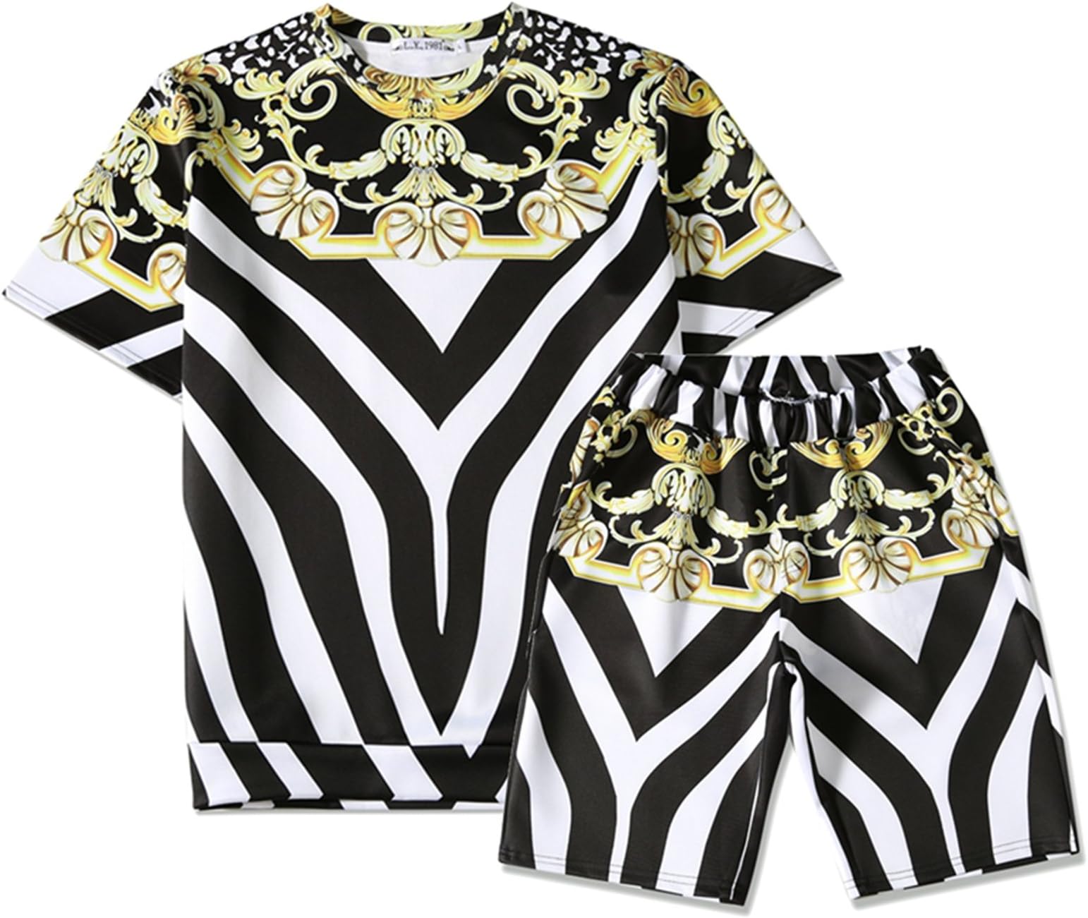 PIZOFF Mens Short Sleeve Baroque Print T-Shirt Shorts Sets