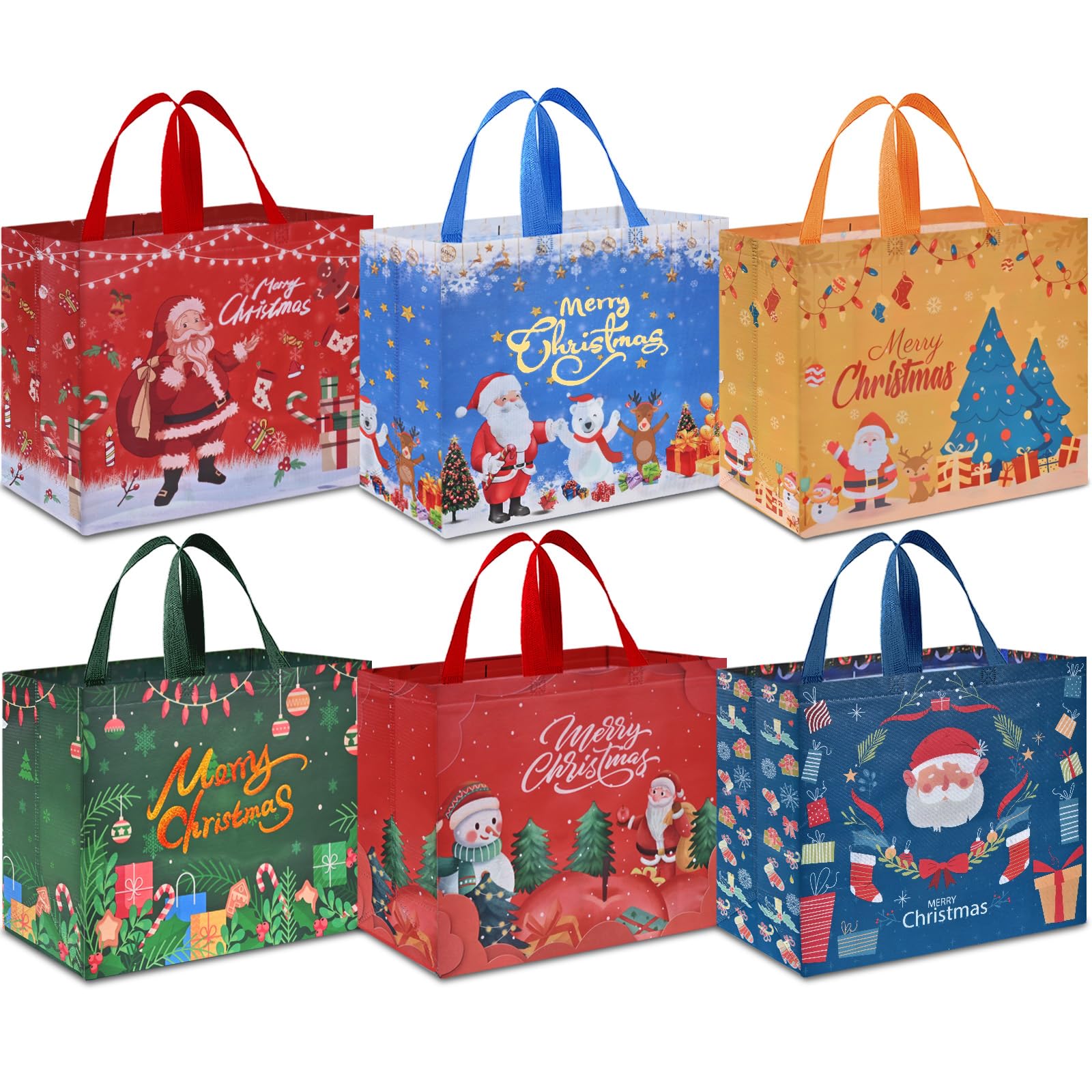 AhfuLife Extra Large Christmas Bags for Gift, 6pcs Reusable Christmas Tote Bags with Handles, Multipack Non-woven Xmas Treat Shopping Bag for Presents Xmas Party Decorations, 40 x 36 x 15cm