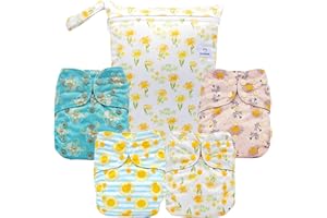 YULUONAPS Reusable Baby Cloth Diapers with AWJ Lining, Washable Pocket Diapers for Boys and Girls, 4 Pack with 4 Inserts+One Wet Bag (Sunflower)
