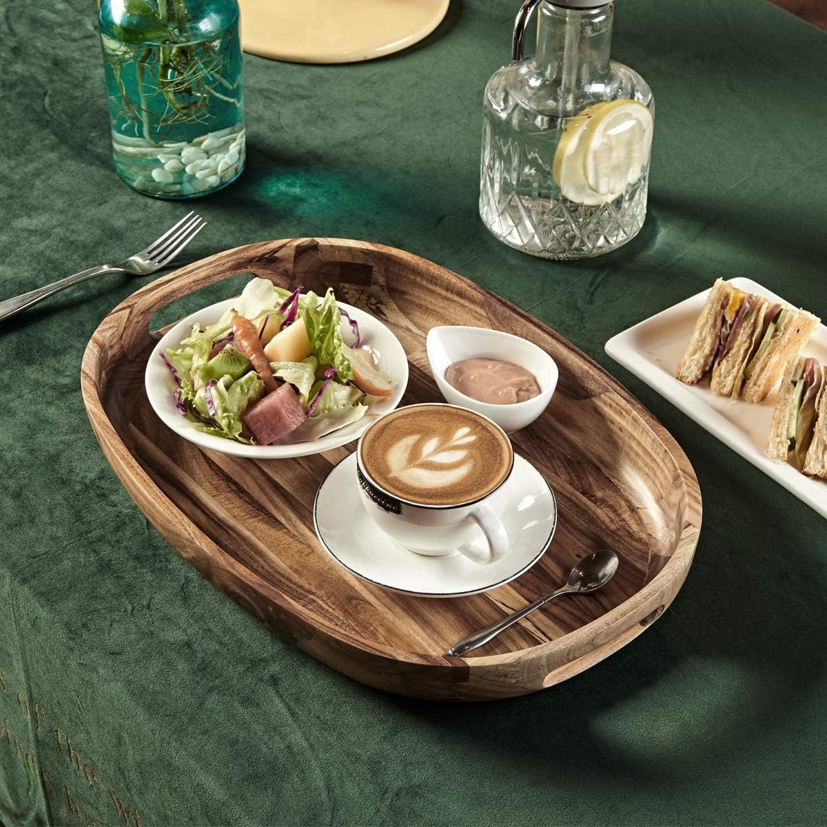 Wooden Serving Tray - Oval Acacia Wood Decorative Tray with Handles for Parties and Breakfast in Bed or on Ottomans - 17 x 11.75 x 2 Inches: Home & Kitchen