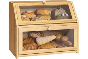 Bread Storage Farmhouse Bread Box For Kitchen Countertop Bread Container With Clear Window Breadbox Double Layer Bamboo Woode