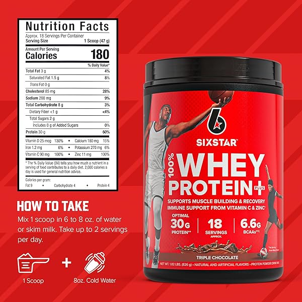 SIX STAR WHEY PROTEIN POWDER PLUS – MUSCLE BUILDING & RECOVERY FORMULA WITH WHEY ISOLATE POWDER, BCAAS, 30G PROTEIN, IMMUNE SUPPORT – POST-WORKOUT SUPPLEMENT – TRIPLE CHOCOLATE, 1.8 LBS