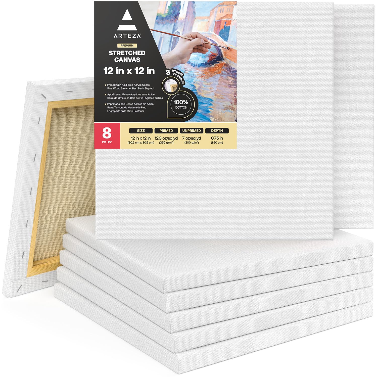 ARTEZA 30 x 30 cm (12" x12”) Premium Stretched Square Canvas for Painting, Pack of 8, Primed, 100% Cotton for Acrylic Pouring, Oil Paint, Wet Art Media, Art Supplies for Artists & Beginner