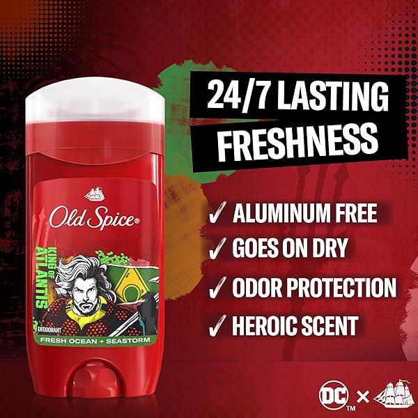 OLD SPICE ALUMINUM FREE DEODORANT FOR MEN, 24/7 FRESHNESS, LONG LASTING PROTECTION, SMELL LIKE A HERO, AQUAMAN, FRESH OCEAN AND SEASTORM SCENT, 3 OZ