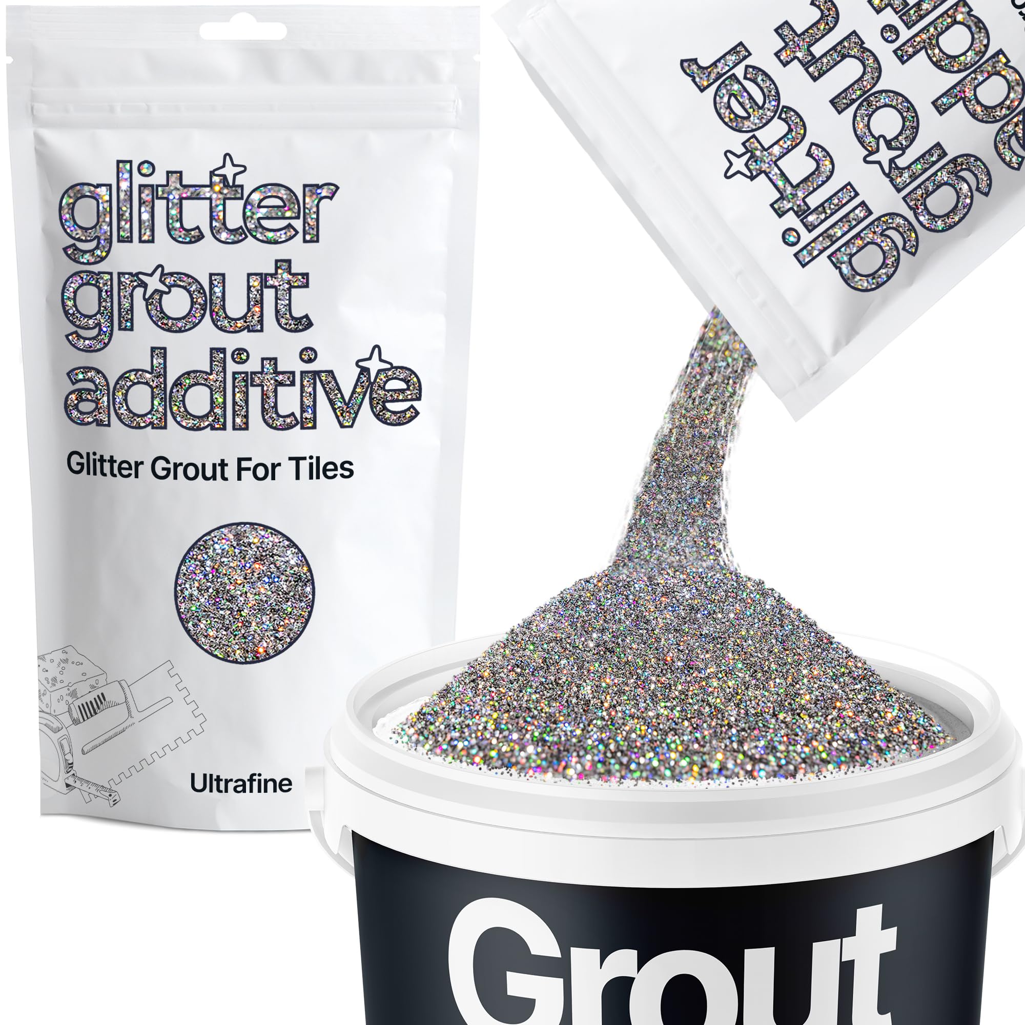 Hemway Gun Metal Grey Holographic Glitter Grout Additive Ultrafine 100g Flakes for Adding Sparkle to Kitchen & Bathroom Tiles | Enhance Your Indoor Grouting Projects with a Durable Sparkly Effect