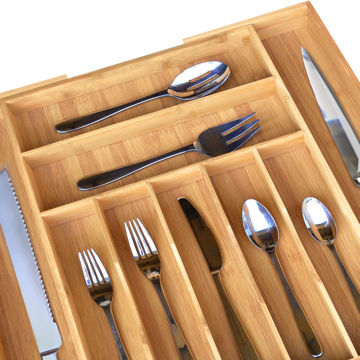 Bamboo Kitchen Drawer Organizer - Expandable Silverware Organizer/Utensil Holder and Cutlery Tray (20”-17.5”, Natural) -