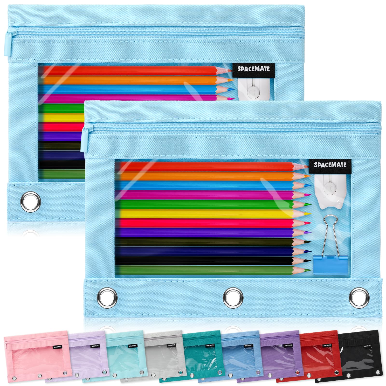 Photo 1 of SPACEMATE 2 Pack Binder Pencil Pouch Case Box Bag for 3 Ring Binder School Supplies Girls Boys Kids, Clear Preppy Stuff Large Aesthetic Pen Organizer, Back to College Stationary, Sky Blue