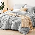 CozyLux Queen Bed in a Bag Light Grey Seersucker Textured Comforter Set with Sheets 7-Pieces All Season Bedding Sets with Comforter, Pillow Sham, Flat Sheet, Fitted Sheet and Pillowcase