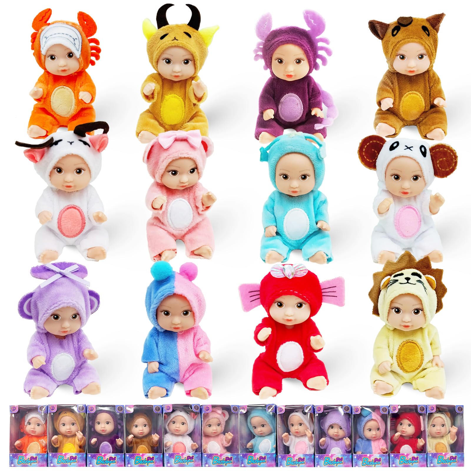 12 Pcs Mini Reborn Dolls, Various Constellations Mini Baby Doll with Clothes，Washable Mini Sleeping Rebirth Dolls Set, Realistic Movable Small Baby Dolls for Kid Boy Girl Gift