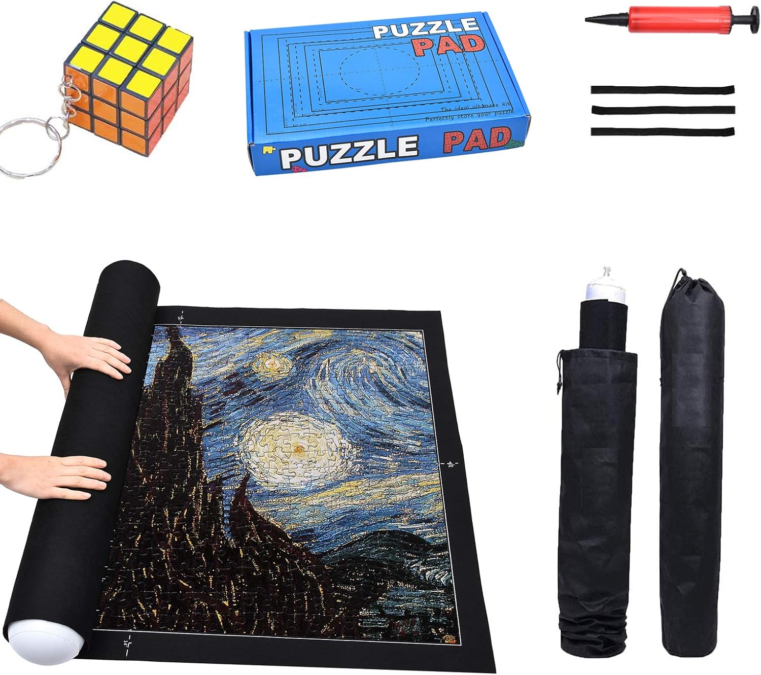 Puzzle Roll Up Mat - Store and Transport Jigsaw Puzzles 500 to 1500 Pieces - 41" x 29" Felt Mat, Inflatable Tube, and 3 Elastic Fasteners,Inflatable Pump (Black): Toys & Games