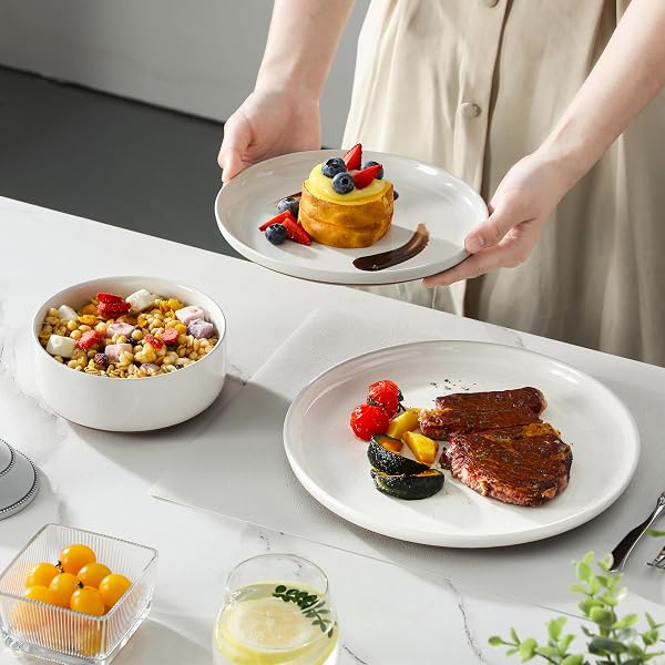 MALACASA PLATES AND BOWLS SETS, 12 PIECES MODERN STONEWARE DINNERWARE SET FOR 4 KITCHEN DINNER SET CERAMIC DISHWARE DISHES SET MICROWAVE AND DISHWASHER SAFE, WHITE, SERIES TARA