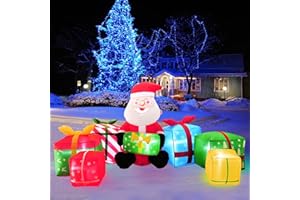 BEINHOME 7FT Long Inflatable Santa Claus with Presents, Lighted Christmas Inflatable Gift Boxes Yard Decoration, LED-Lit Blow Up Santa for Outdoor Holiday Decor, Festive Inflatable Christmas Decorations