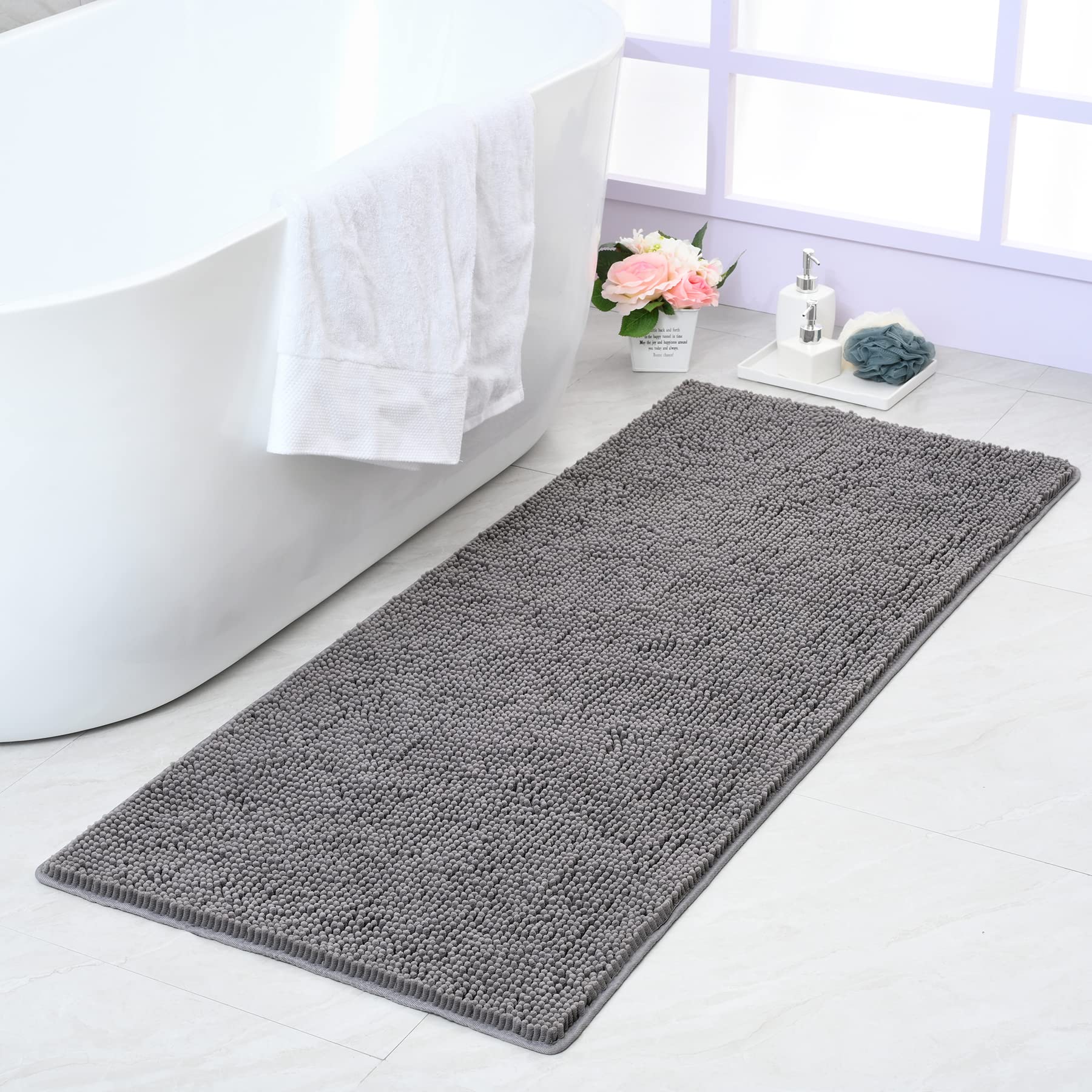 Photo 1 of Noahas Bath Rugs 24'' x 70'' Large Runner Bathroom Rug, Soft Luxury Chenille Bathroom Mats with Non-Slip Backing, Throw Absorbent Carpet for Bath Tub/Shower, Machine Washable Durable Rug, Grey