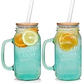 ANOTION Mason Jar with Handle - Colorful Drinking Glasses Colored Glass Cups with Lids and Straws Colored Glasses Drinking Set of 2 Mason Jars Iced Coffee Cups Tumblers Smoothie Water Bottles