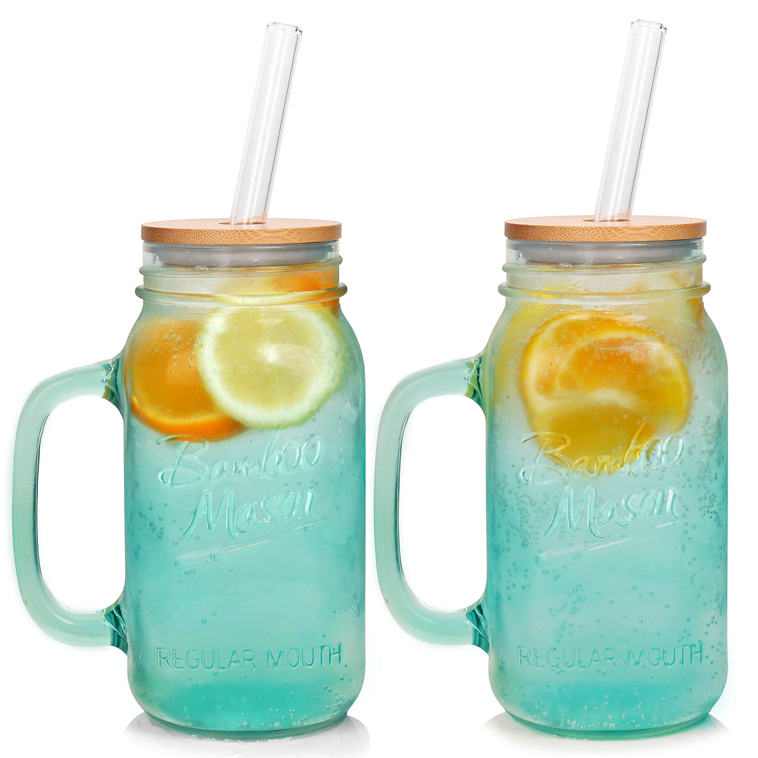 ANOTION Mason Jar with Handle - Colorful Drinking Glasses Colored Glass Cups with Lids and Straws Iced Coffee Set of 2
