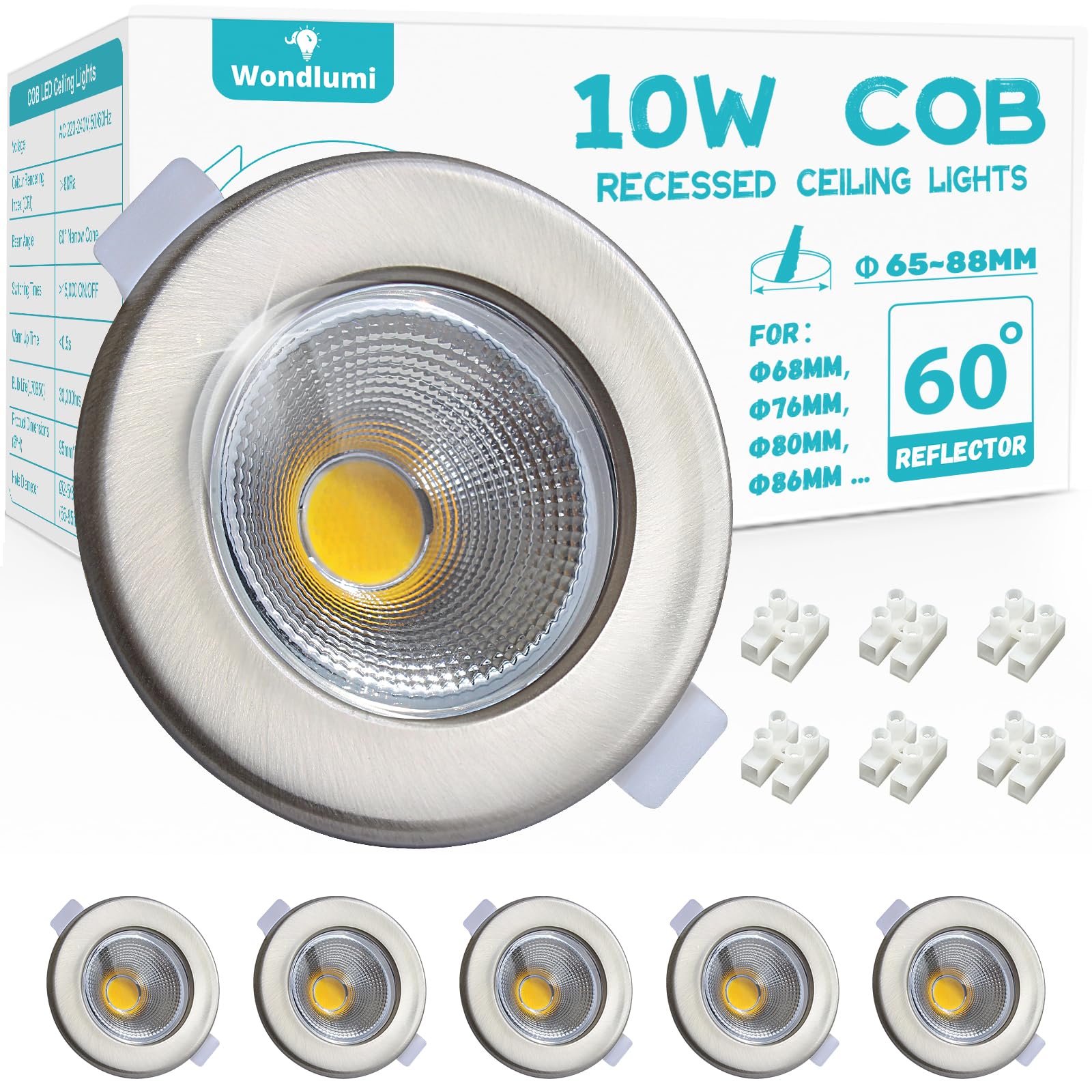 Wondlumi 6X LED Recessed Ceiling Lights, 10W 850lm Cool White 5000K Spotlights Ultra Slim LED Downlights for Ceiling, Brushed Chrome Spot Lights for Bedroom, Living Room, Kitchen