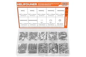 HELIFOUNER 560 Pieces M2 x 4mm /6mm /8mm /10mm /12mm /16mm /20mm, Phillips Pan Head Machine Screws, Metric Screws Bolts Washers Nuts Kit, 304 Stainless Steel