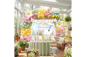 Winnie Balloon Arch Kit with Arrow Signs Banner Background Bee Daisy Balloon for Classic Bear Theme Decorations Pink and Yell