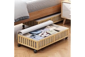 MHXW SXPN Bamboo Under Bed Storage Containers with Wheels, 2 Pack Under the Bed Shoe Storage Bins, Large Wood Rolling Underbed Drawers with Bag Organizer for Bedroom, Sheet Clothes Comforter, Under Crib Storage
