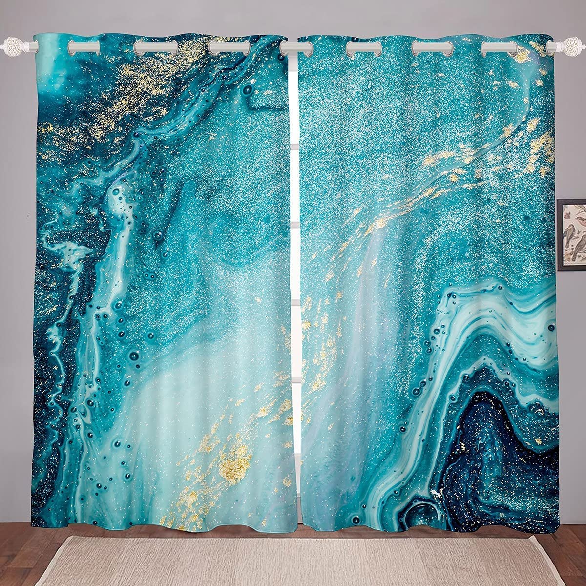 Loussiesd Marble Curtains for Living Room, Teal Blue Marble Window Curtain, Teal Gold Liquid Room Curtains for Bedroom Quicksand Turquoise Drapes (2 Panels) W52*L63 — image 1