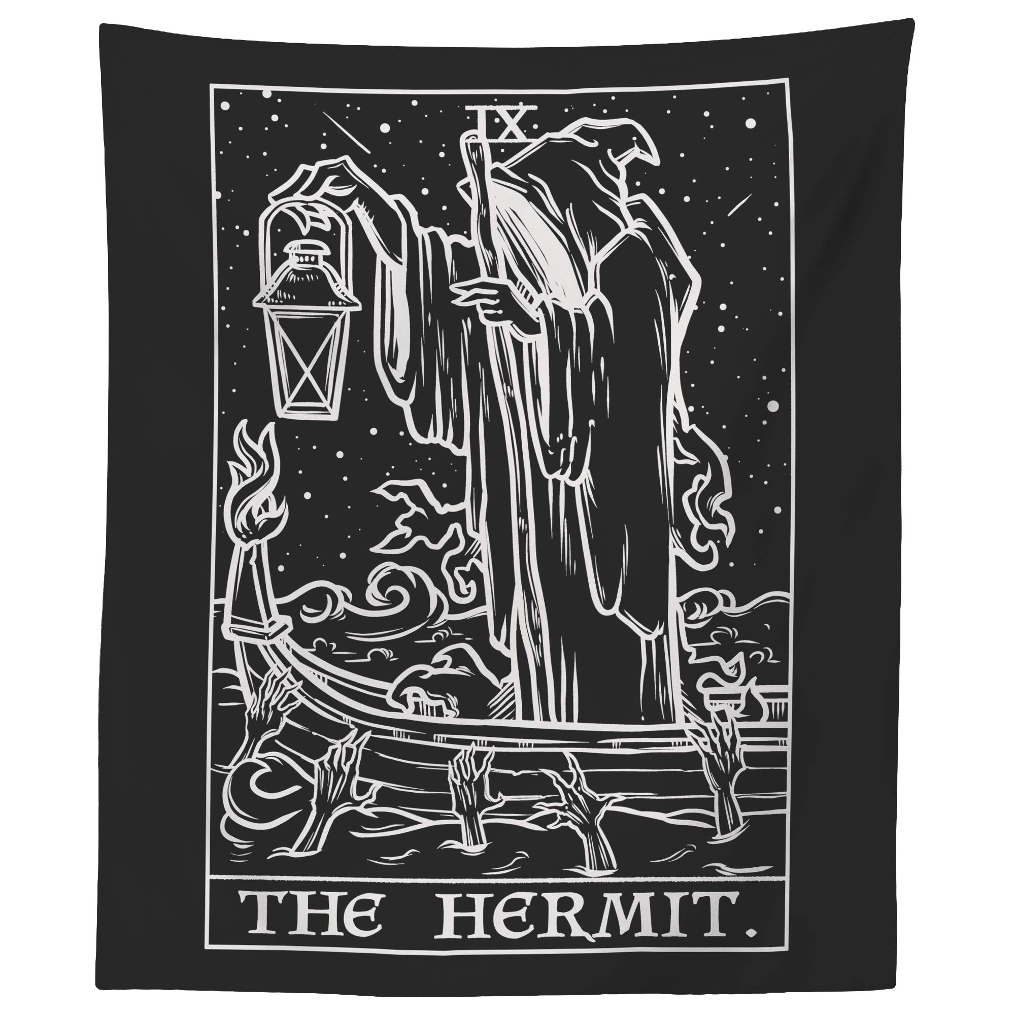 The Hermit Tarot Card Tapestry (Black & White) - Grim Reaper - Gothic Halloween Home Decor Wall Hanging (60" x 50")
