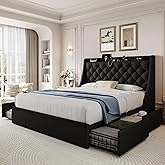 AMBERHAUS Queen Size Upholstered Platform Bed Frame with 4 Storage Drawers and Charging Station, Linen Button Tufted Wingback Headboard, Sturdy Wooden Support Slats, No Box Spring Needed, Black