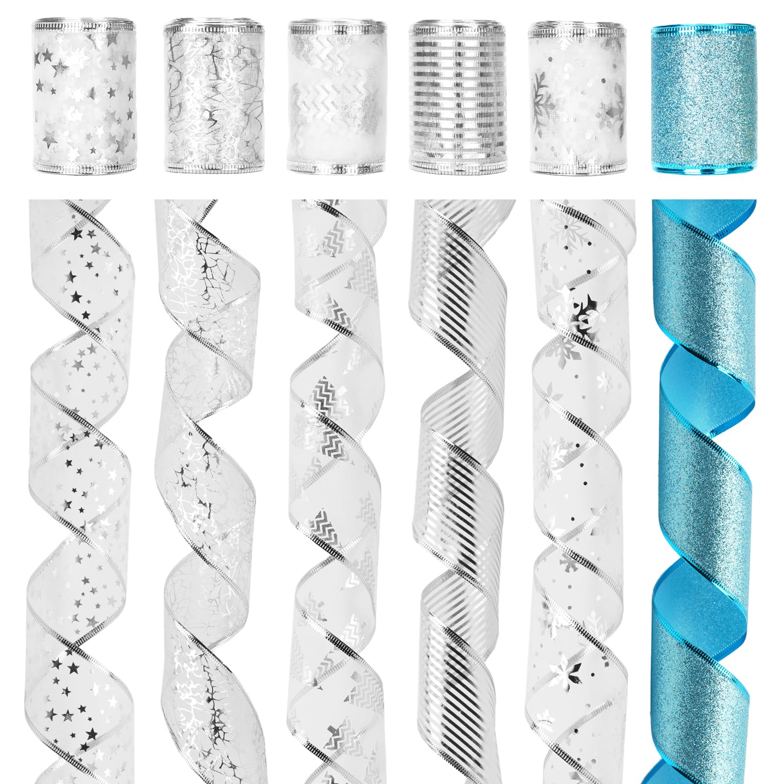 KINGLAKE 30 Yards Christmas Wired Ribbon, 2.5 Inch Blue Silver for Wreath Bows Making, Organza Glitter Snowflake Striped for Gift Wrapping, Xmas Tree Crafts
