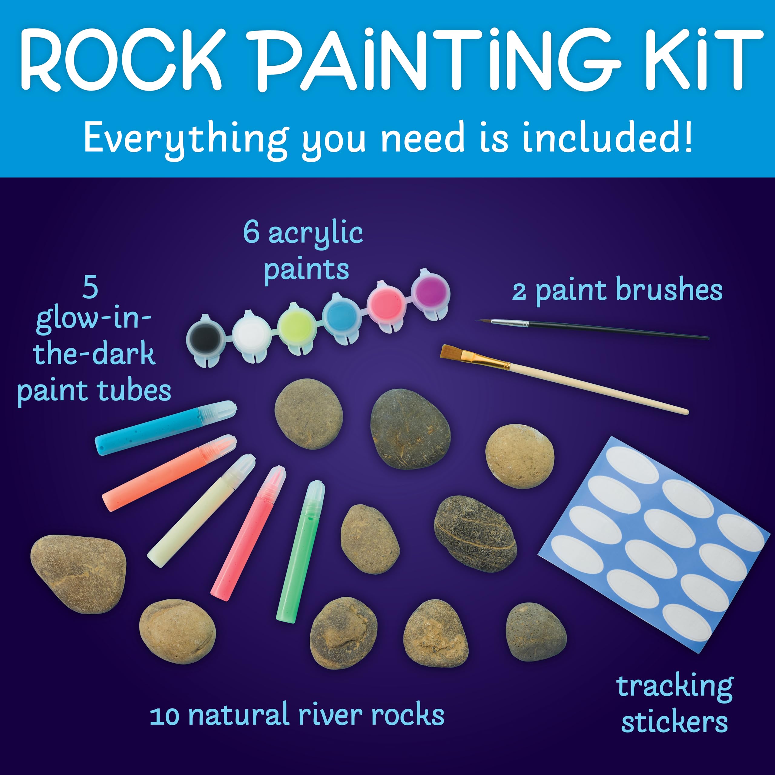 Creativity for Kids Glow in The Dark Rock Painting Kit | Paint & Decorate 10 Rocks with Vibrant Colors & Glow Accents | DIY Rock Painting Kit for Kids | Fun Arts & Crafts (Ages 6+)