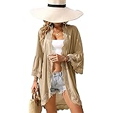 ALIREVERIE Women's Summer Lightweight Cardigan 3/4 Ruffle Sleeve Lace Details Kimono