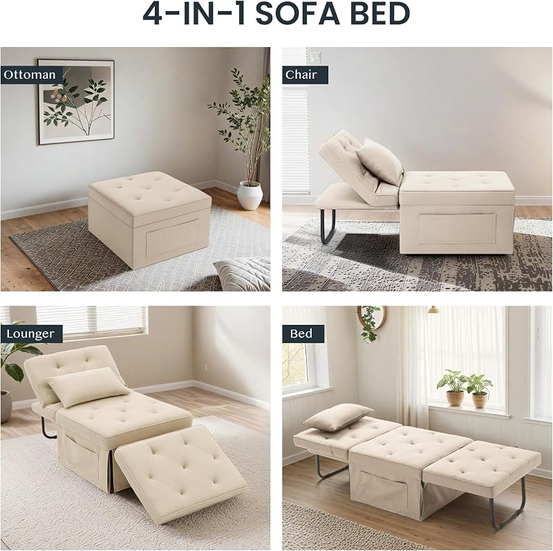 Poltrona Relax Pieghevole 3 in 1, Sedia a Sdraio Trasformabile con Funzione Letto, Portata 300 kg,Beige, 72×69×35 cm