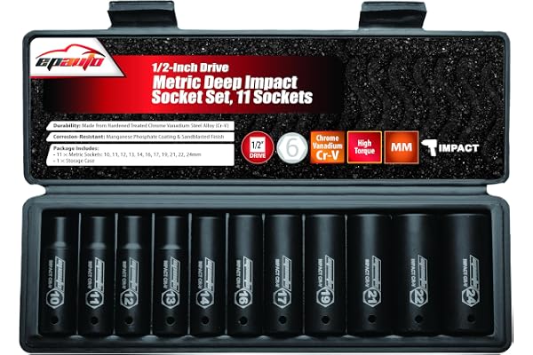 EPAuto 1/2-Inch Drive Metric Deep Impact Socket Set (10-24mm), 11 Sockets | 6 Points, Cr-V Steel, Laser-Etched