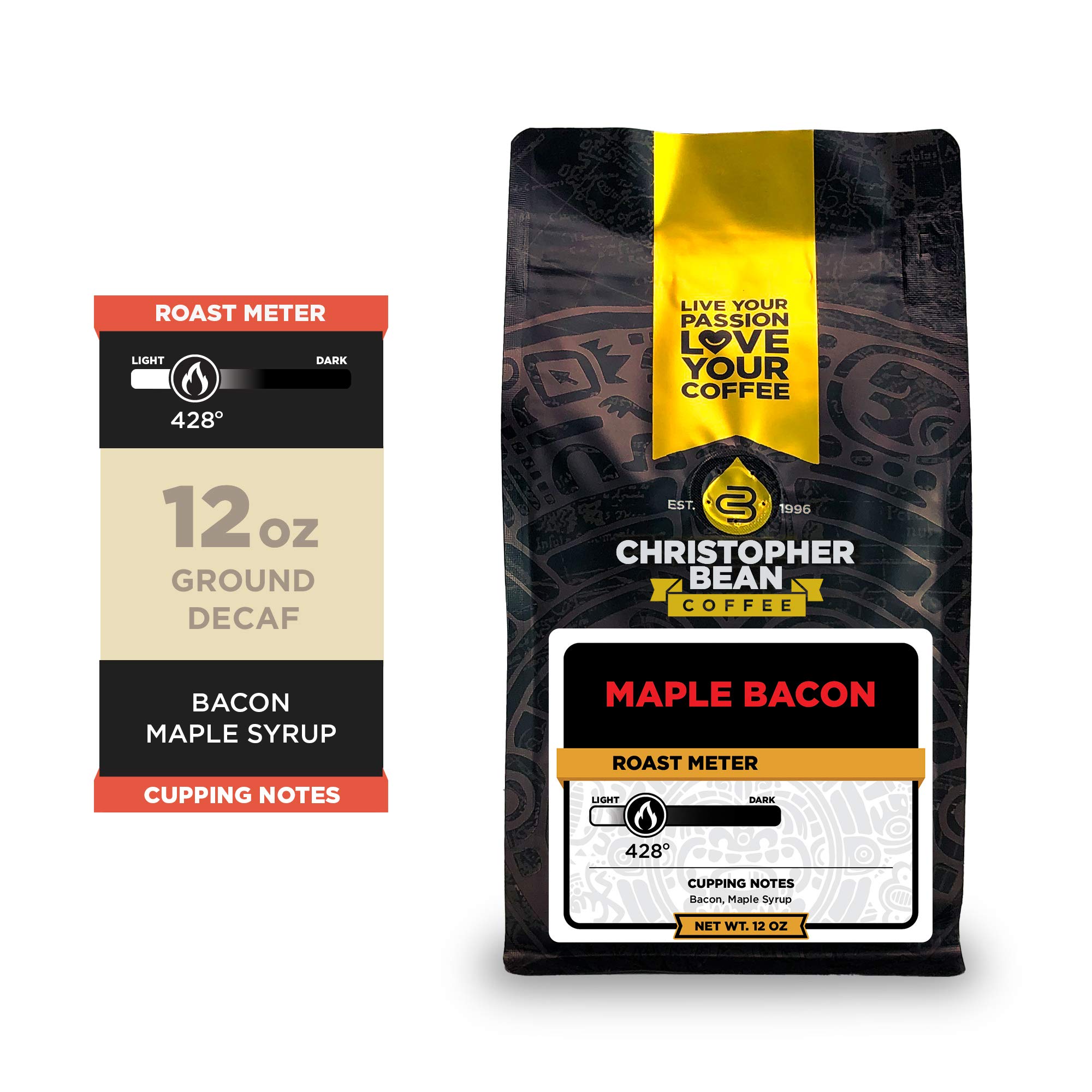 Christopher Bean CoffeeDecaf Ground Maple Bacon Flavored Coffee with Medium Roast, Relaxing After Dinner & Drink | Maple Bacon Coffee No Sugar with 100% Arabica, No Fats, Non-GMO | 12-Ounce