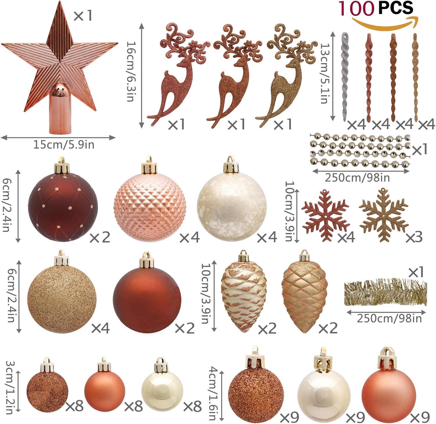 Valery Madelyn Christmas Baubles, 100pcs 3-10cm Shatterproof Pack with Tree Topper, Woodland Copper and Gold Christmas Ball Ornaments - Image 4