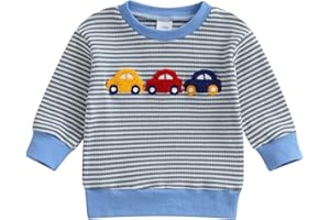 Thorn Tree Toddler Baby Boy Sweatshirt Car/Dinosaur Embroidered Sweater Strip Knit Pullover Fall Winter Outfit Clothes