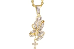 TECHNO PAVE Iced Out Religion Pendant with 20 inch Tennis Chain or 20 inch Rope Chain - 14k Gold or Silver Tone Bling Pendant - Praying Hand, Cross, Angel, Blessed, or Last Supper