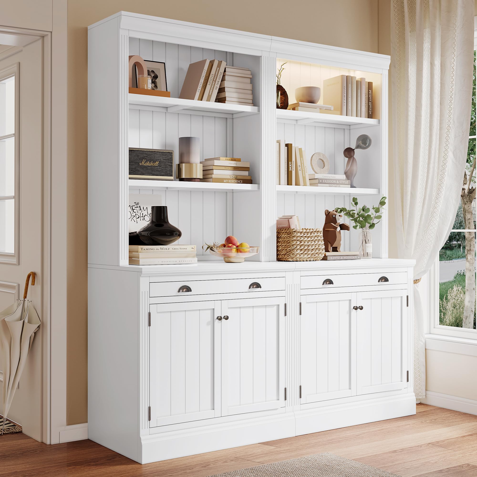 Photo 1 of Merax 83.4" Tall Storage Bookshelf Bookcase 2-Piece Set with LED Lighting,2 Doors and 1 Drawer and Open Shelves for Home Office,White