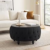 32 Inches Teddy Fleece Round Ottoman With Storage Coffee Table Center Table | Oversize, Waterproof and Anti-slip Wooden Tabletop, Multi-functional footrest, For Living Room, Bedroom, Apartments